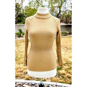 VTG Petite Large Ladies Kosugi Beige Ribbed Knit Turtleneck L/S Fitted Top EUC